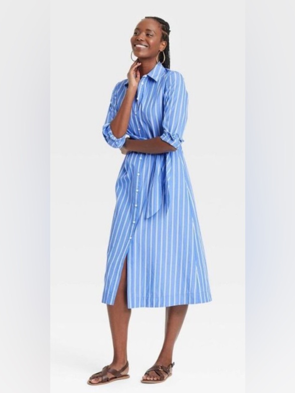 Universal Thread Striped Blue Button-Front Shirt Dress with Waist Tie - Picture 3 of 3